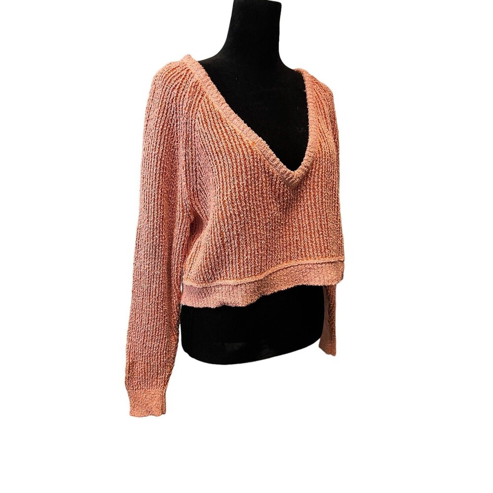 Free People Orange Pink Long Sleeve Deep V Neck Knit Cropped Sweater Size XS
